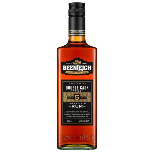 A bottle of Beenleigh Australian Hand Crafted Double Cask Rum with a label displaying the brand and product name.