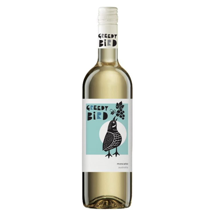 A bottle of Greedy Bird Australian Moscato with a label featuring an illustration of a bird.