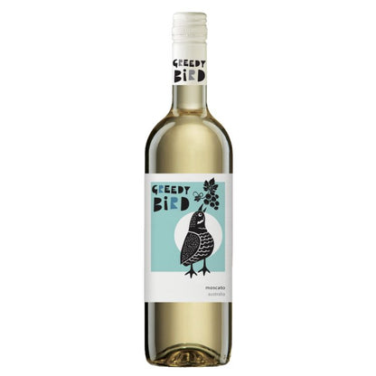 A bottle of Greedy Bird Australian Moscato with a label featuring an illustration of a bird.