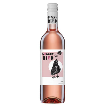 A bottle of Greedy Bird Australian Rose wine with a label featuring an illustration of a bird.