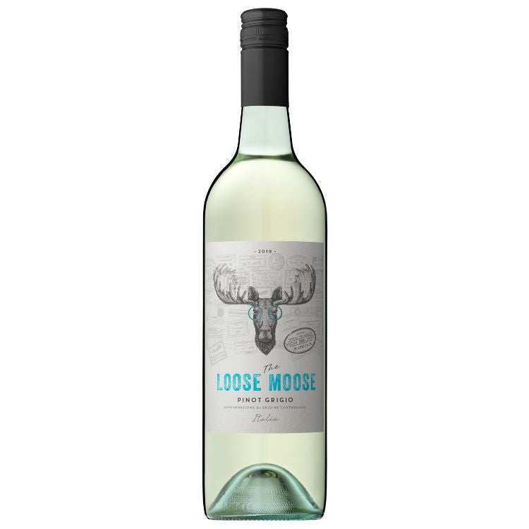 A bottle of The Loose Moose Italian Pinot Grigio wine with a label featuring a moose's head.