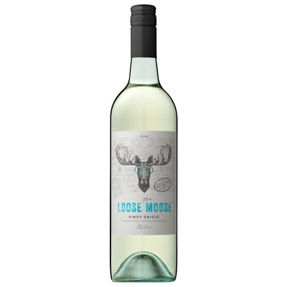 A bottle of The Loose Moose Italian Pinot Grigio wine with a label featuring a moose's head.