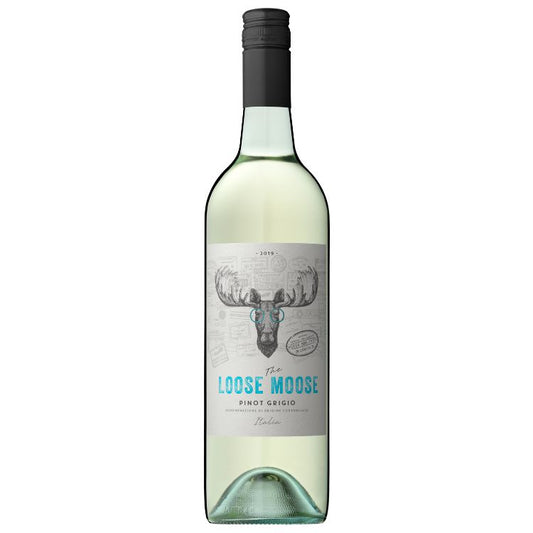 A bottle of The Loose Moose Italian Pinot Grigio wine with a label featuring a moose's head.