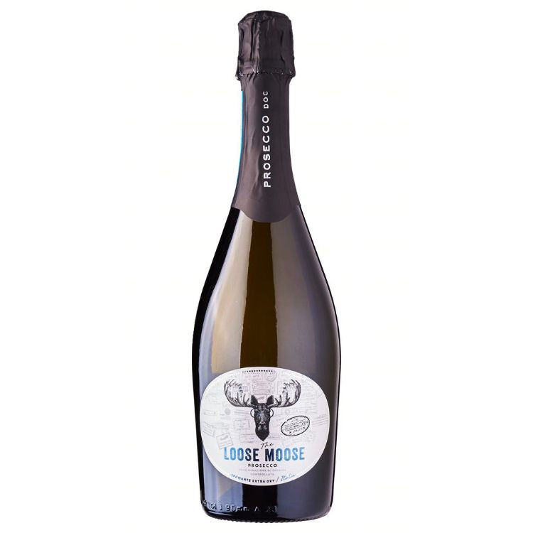 A bottle of The Loose Moose Italian Prosecco DOC with a label featuring a moose head illustration.