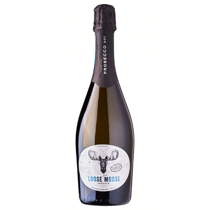 A bottle of The Loose Moose Italian Prosecco DOC with a label featuring a moose head illustration.