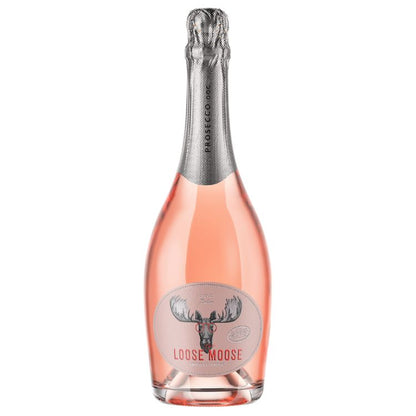 A bottle of The Loose Moose Italian Prosecco DOC Rosé with a pink hue visible through the clear glass, and a label featuring an illustration of a moose.