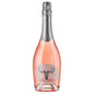 A bottle of The Loose Moose Italian Prosecco DOC Rosé with a pink hue visible through the clear glass, and a label featuring an illustration of a moose.