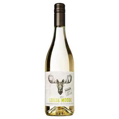 A bottle of The Loose Moose Marlborough Sauvignon Blanc with a label featuring a moose head illustration.