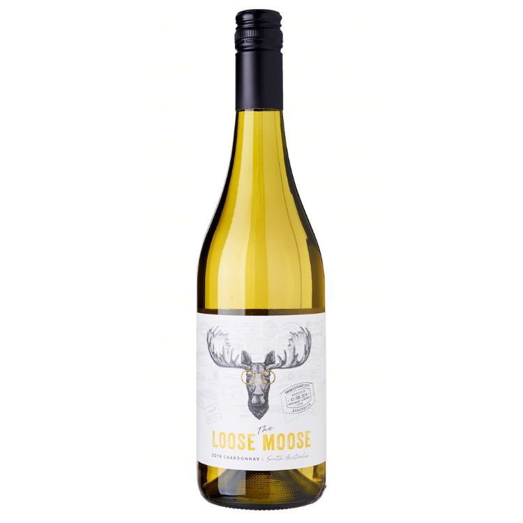 A bottle of The Loose Moose South Australia Chardonnay with a label featuring an illustration of a moose.