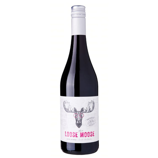 A bottle of The Loose Moose South Australia Shiraz wine with a label featuring a moose's head and the text 'LOSE MOOSE'.