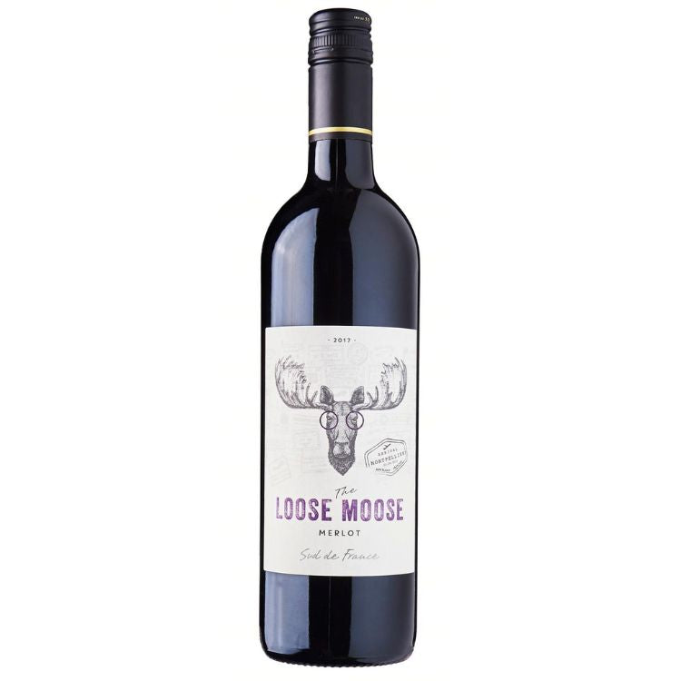 A bottle of The Loose Moose Sud de France Merlot wine with a label depicting a moose's head.