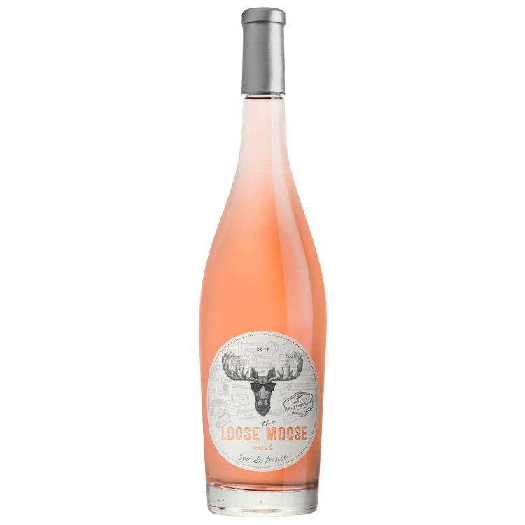 A bottle of The Loose Moose Sud de France Rose wine with a pink hue and a label featuring an illustration of a moose.